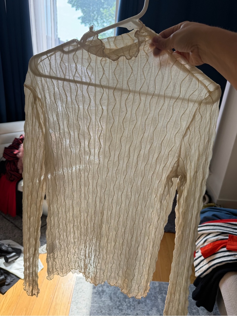 Sheer Cream Long Sleeve Ruffle Neck Top